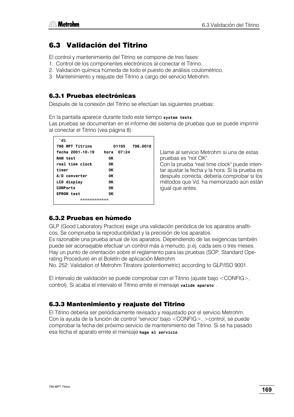 3 validación del titrino, 1 pruebas electrónicas, 2 pruebas en húmedo | 3 mantenimiento y reajuste del titrino | Metrohm 798 MPT Titrino User Manual | Page 173 / 184