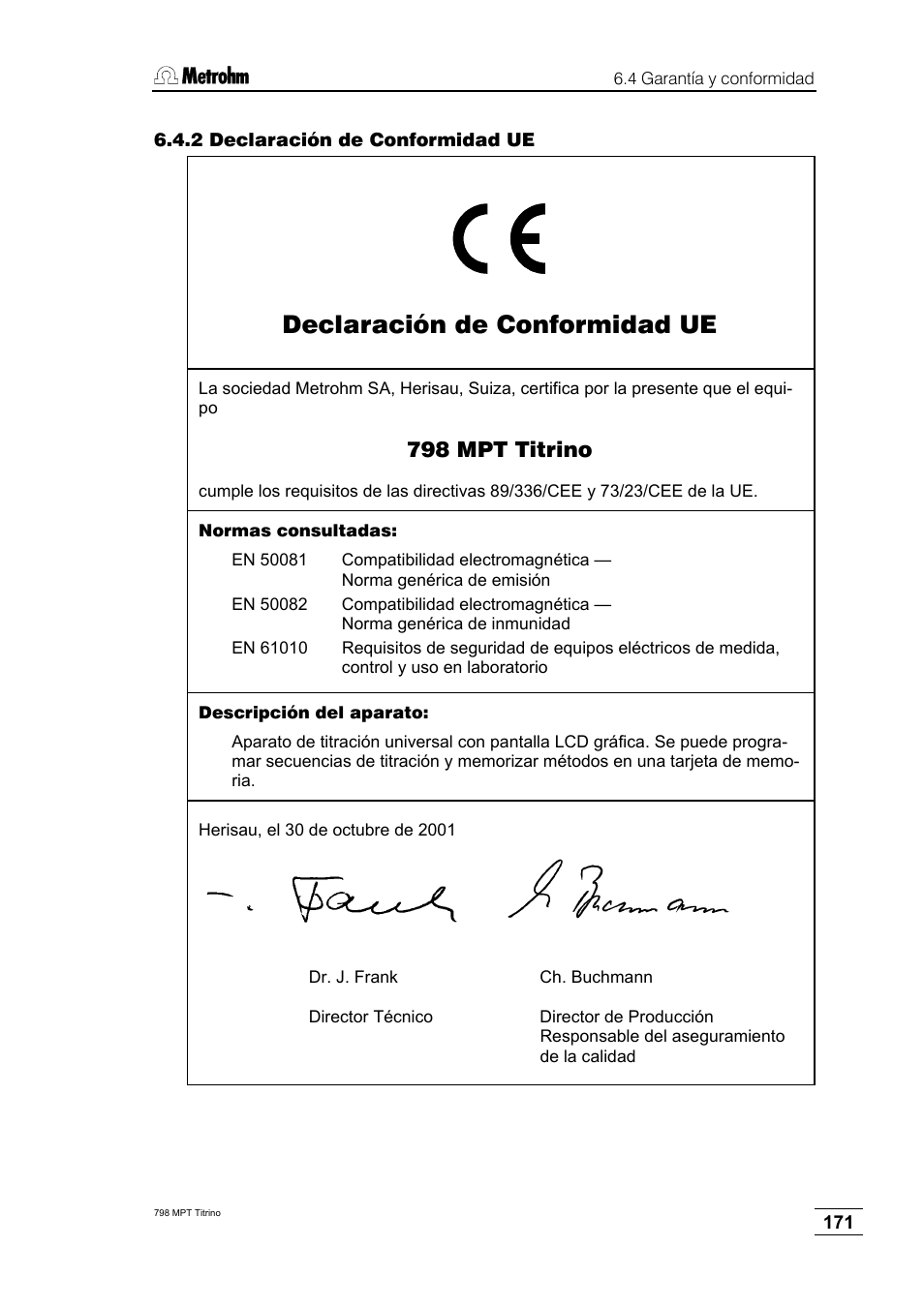 2 declaración de conformidad ue, Declaración de conformidad ue, 798 mpt titrino | Metrohm 798 MPT Titrino User Manual | Page 175 / 184