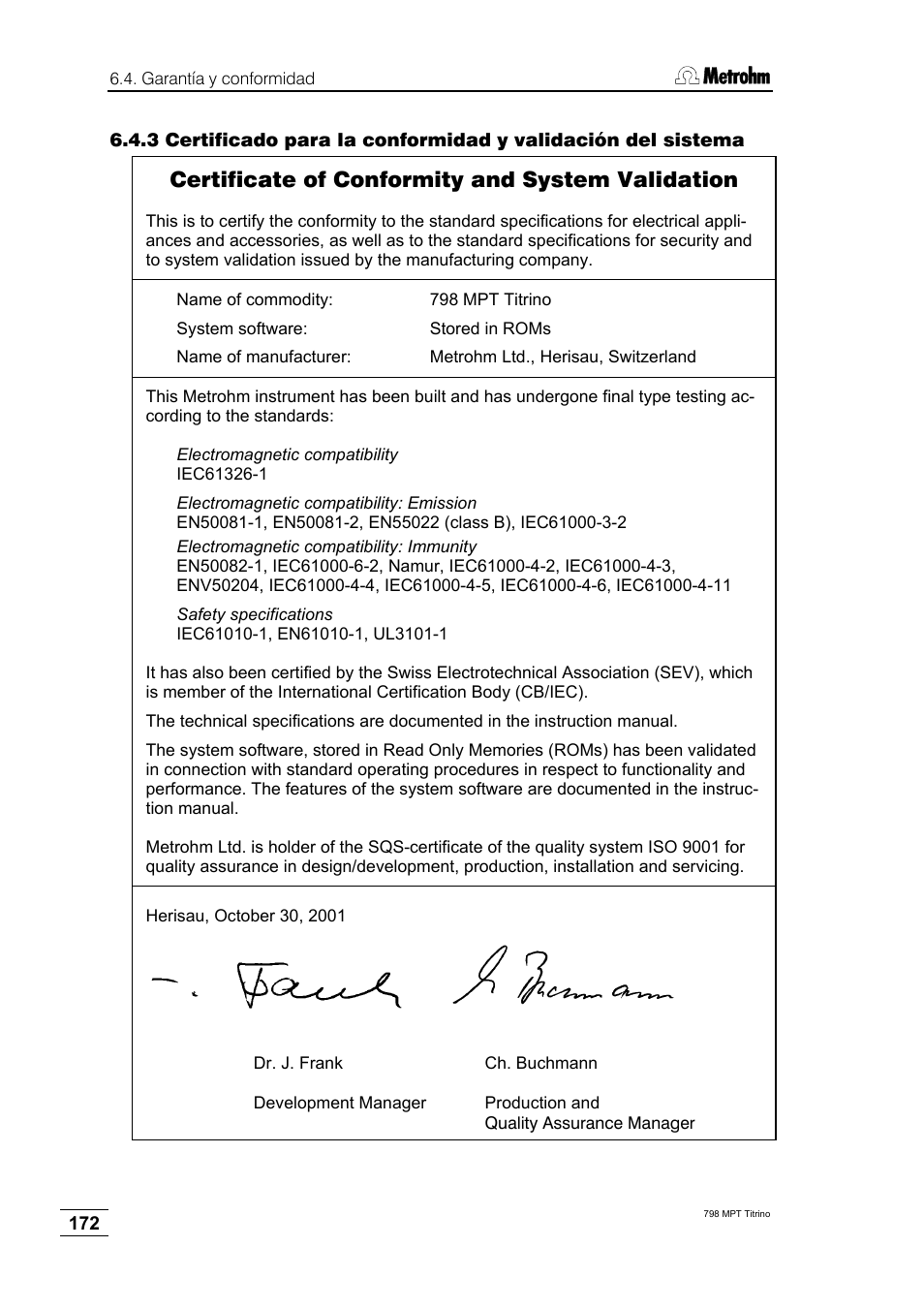 Certificate of conformity and system validation | Metrohm 798 MPT Titrino User Manual | Page 176 / 184