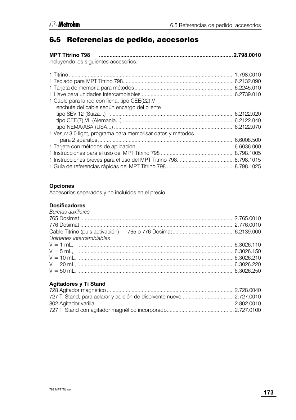 5 referencias de pedido, accesorios | Metrohm 798 MPT Titrino User Manual | Page 177 / 184