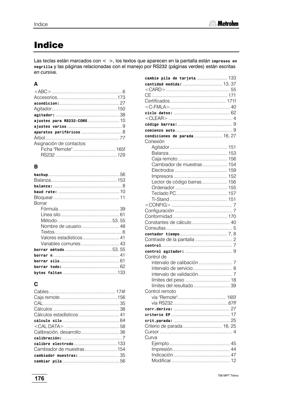 Indice | Metrohm 798 MPT Titrino User Manual | Page 180 / 184