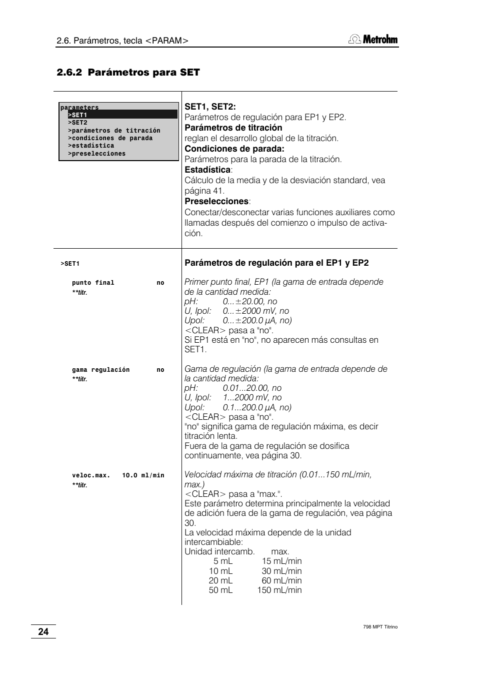 2 parámetros para set | Metrohm 798 MPT Titrino User Manual | Page 28 / 184