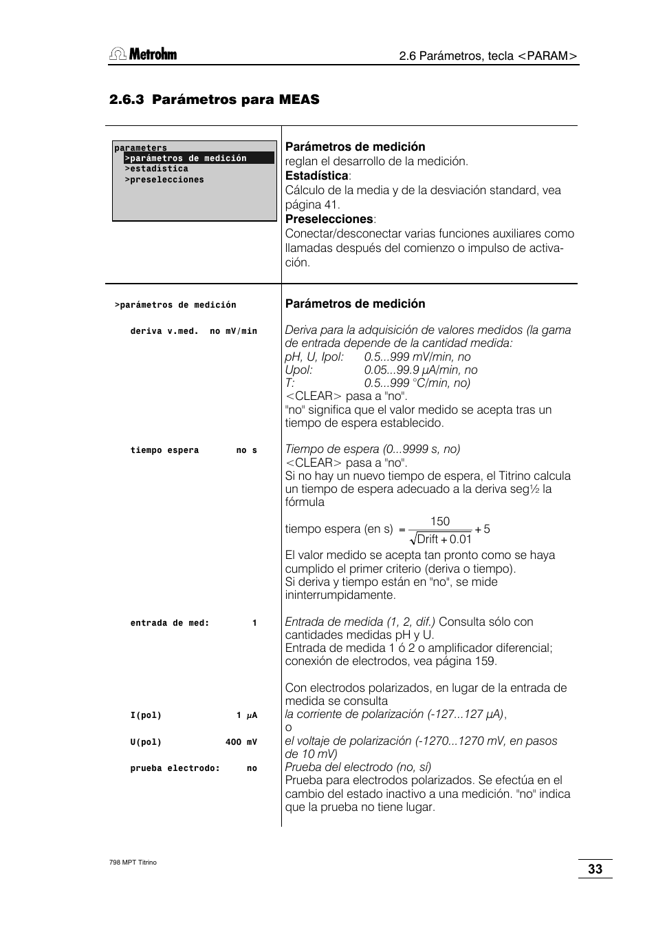 3 parámetros para meas | Metrohm 798 MPT Titrino User Manual | Page 37 / 184