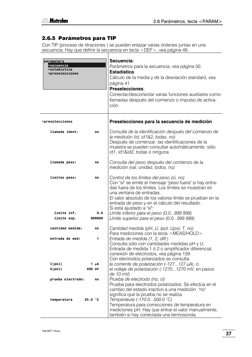 5 parámetros para tip | Metrohm 798 MPT Titrino User Manual | Page 41 / 184