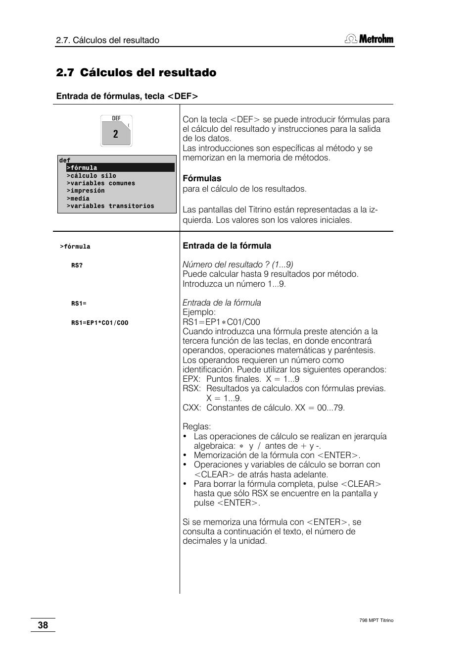 7 cálculos del resultado | Metrohm 798 MPT Titrino User Manual | Page 42 / 184