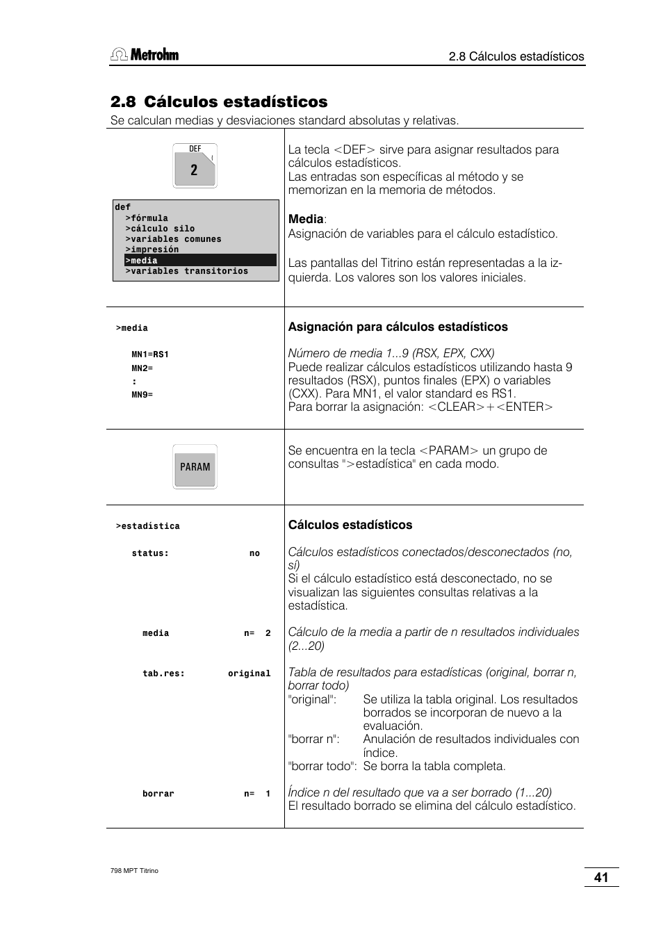 8 cálculos estadísticos | Metrohm 798 MPT Titrino User Manual | Page 45 / 184