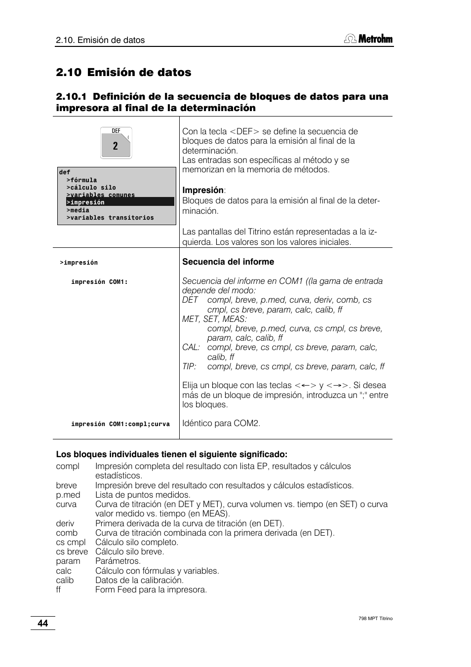 10 emisión de datos | Metrohm 798 MPT Titrino User Manual | Page 48 / 184