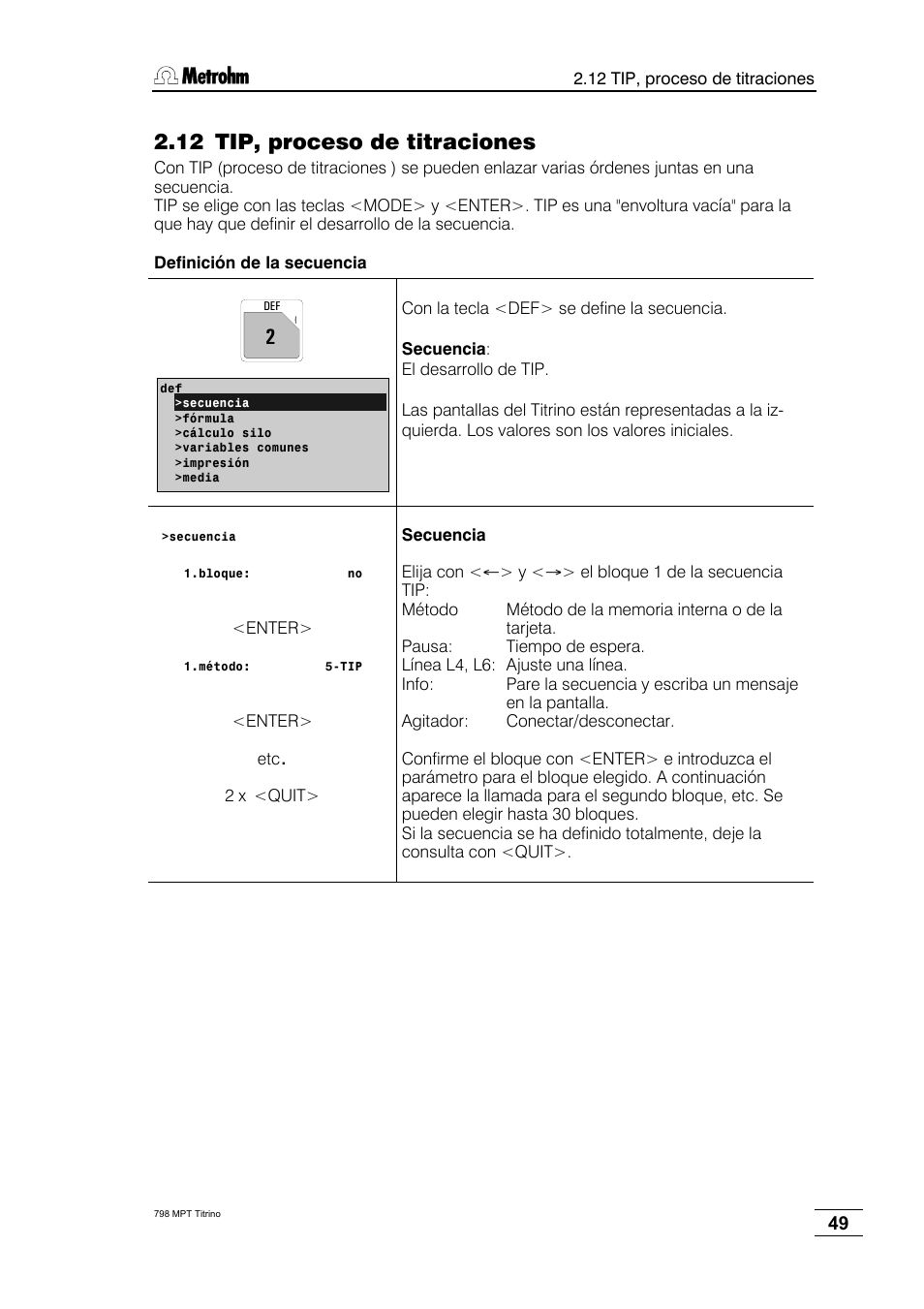 12 tip, proceso de titraciones | Metrohm 798 MPT Titrino User Manual | Page 53 / 184