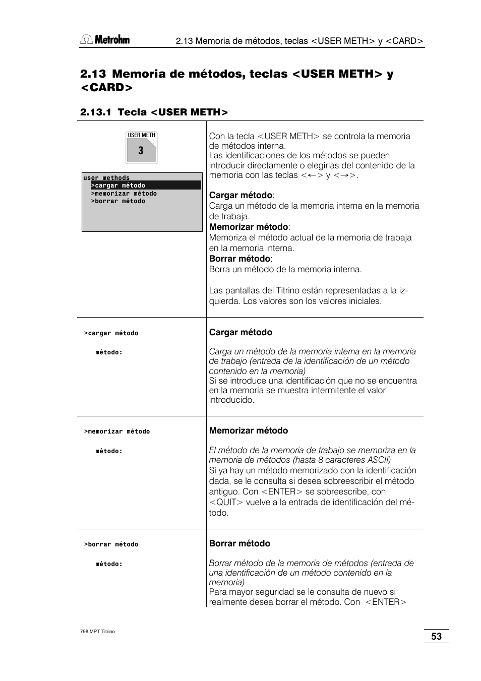 13 memoria de métodos, teclas <user meth> y < card, 1 tecla <user meth | Metrohm 798 MPT Titrino User Manual | Page 57 / 184