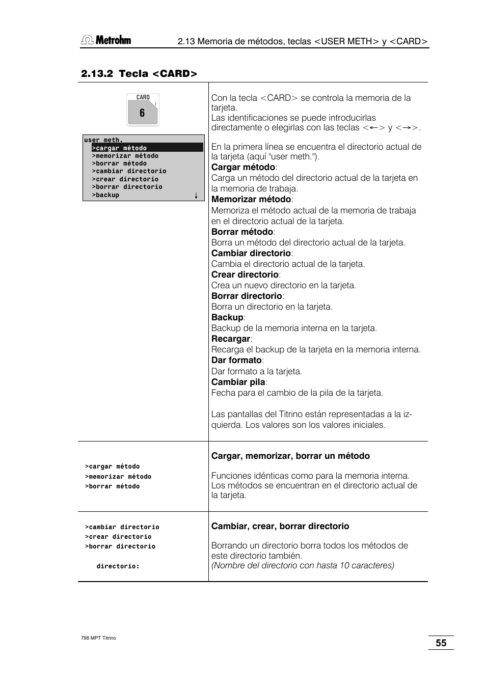 2 tecla <card | Metrohm 798 MPT Titrino User Manual | Page 59 / 184