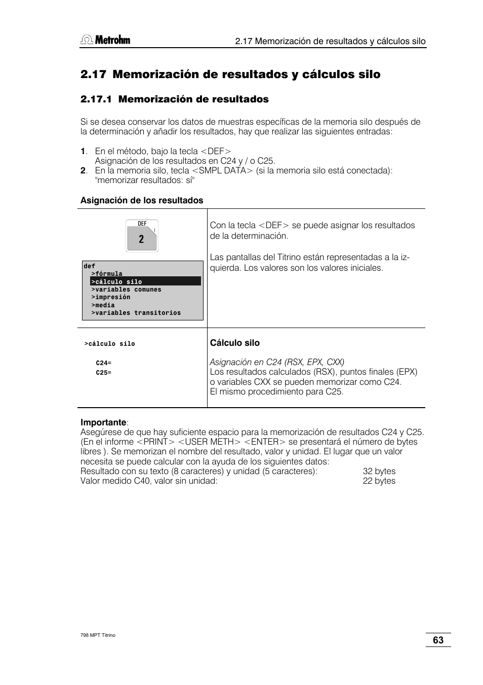 17 memorización de resultados y cálculos silo, 1 memorización de resultados | Metrohm 798 MPT Titrino User Manual | Page 67 / 184