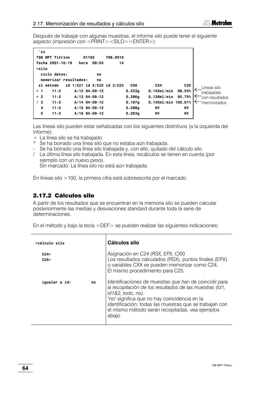 2 cálculos silo | Metrohm 798 MPT Titrino User Manual | Page 68 / 184