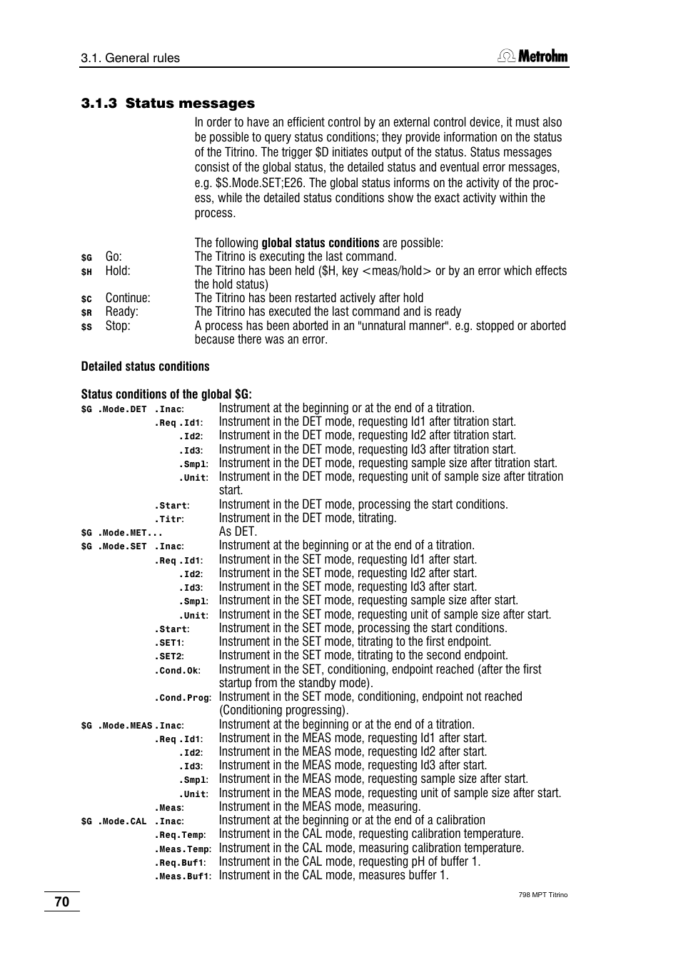 3 status messages | Metrohm 798 MPT Titrino User Manual | Page 74 / 184