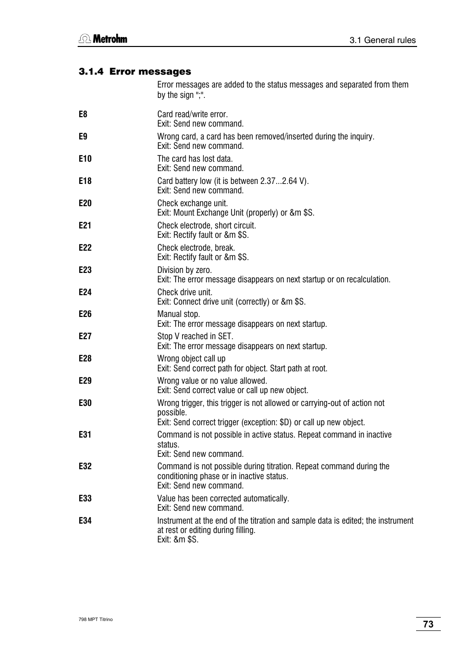 4 error messages | Metrohm 798 MPT Titrino User Manual | Page 77 / 184