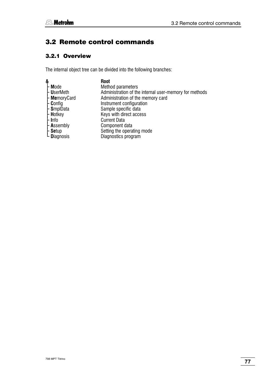 2 remote control commands, 1 overview | Metrohm 798 MPT Titrino User Manual | Page 81 / 184