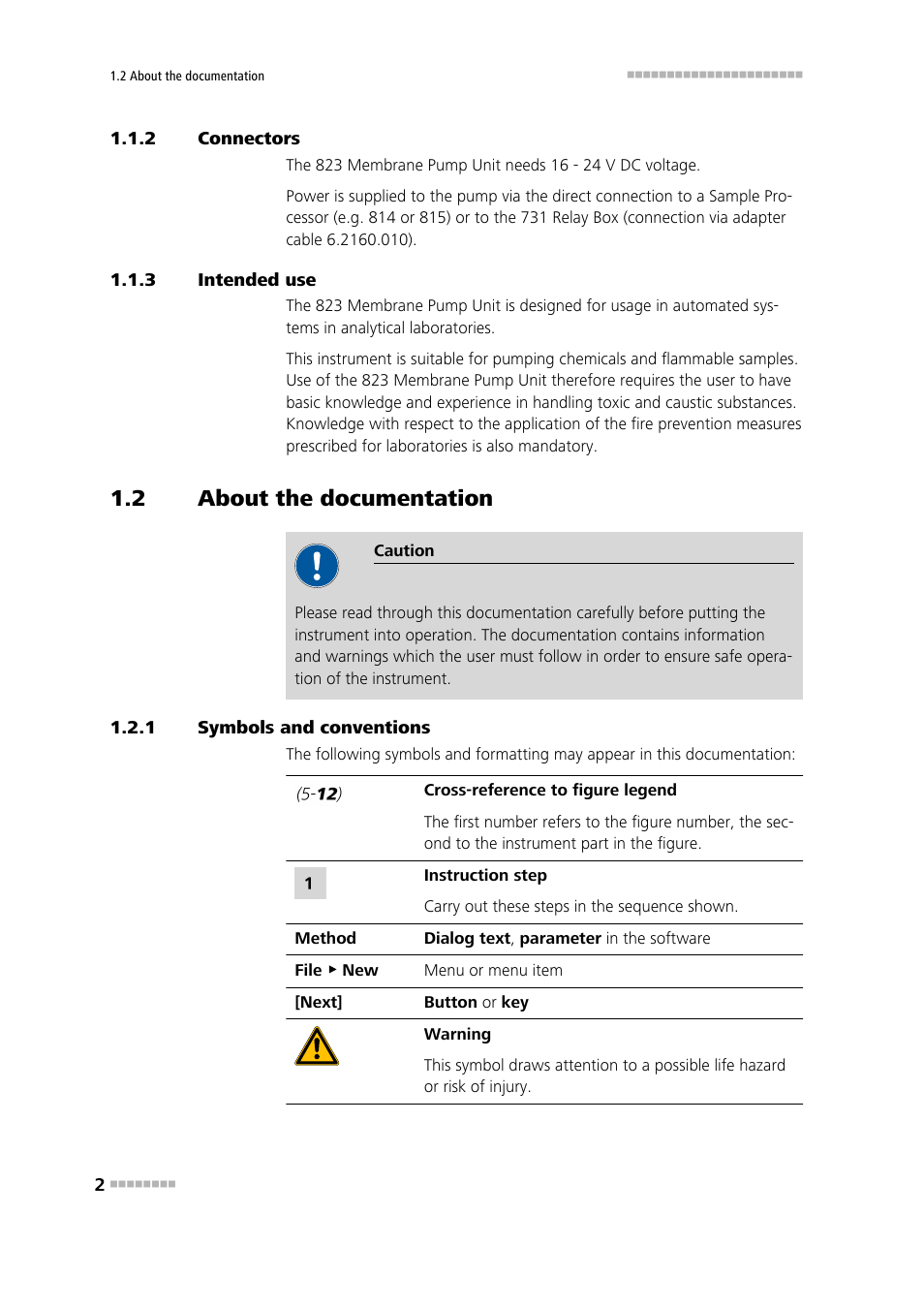 2 connectors, 3 intended use, 2 about the documentation | 1 symbols and conventions, Connectors, Intended use, About the documentation, Symbols and conventions | Metrohm 823 Membrane Pump Unit User Manual | Page 10 / 38