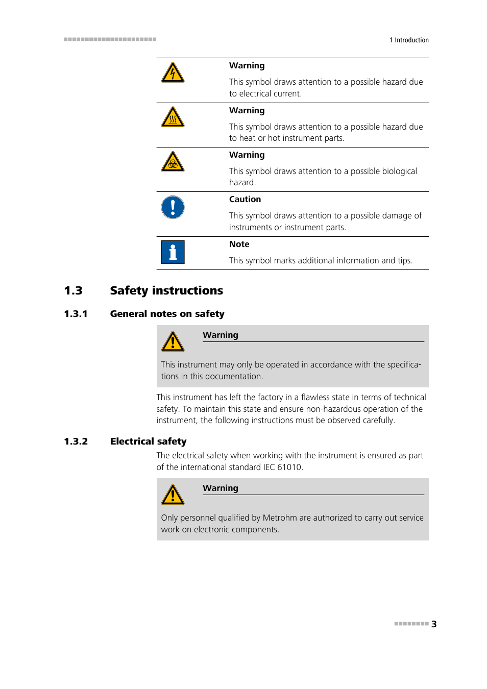 3 safety instructions, 1 general notes on safety, 2 electrical safety | Safety instructions, General notes on safety, Electrical safety | Metrohm 823 Membrane Pump Unit User Manual | Page 11 / 38