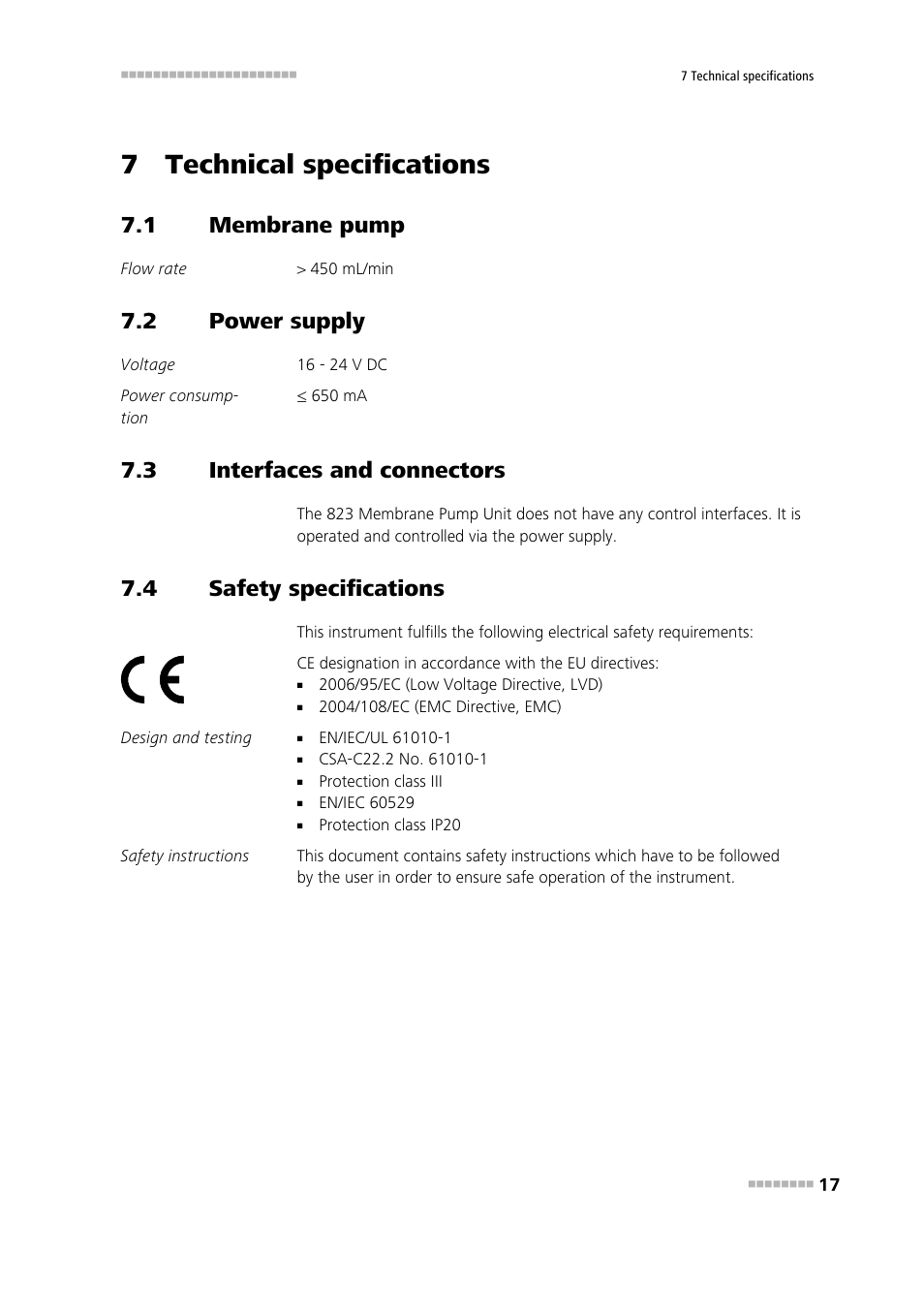 7 technical specifications, 1 membrane pump, 2 power supply | 3 interfaces and connectors, 4 safety specifications, Membrane pump, Power supply, Interfaces and connectors, Safety specifications | Metrohm 823 Membrane Pump Unit User Manual | Page 25 / 38