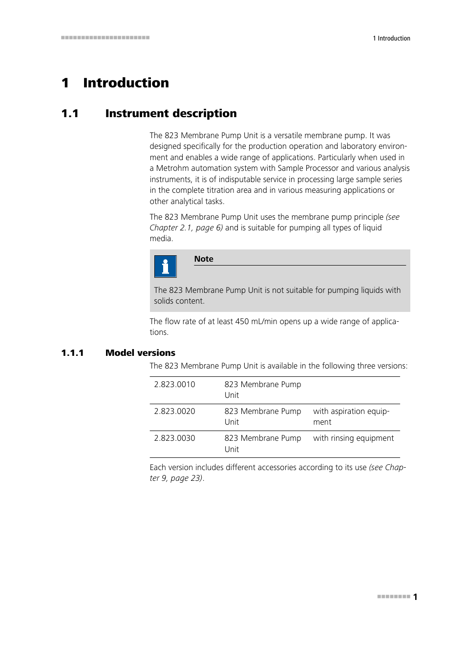 1 introduction, 1 instrument description, 1 model versions | Instrument description, Model versions | Metrohm 823 Membrane Pump Unit User Manual | Page 9 / 38