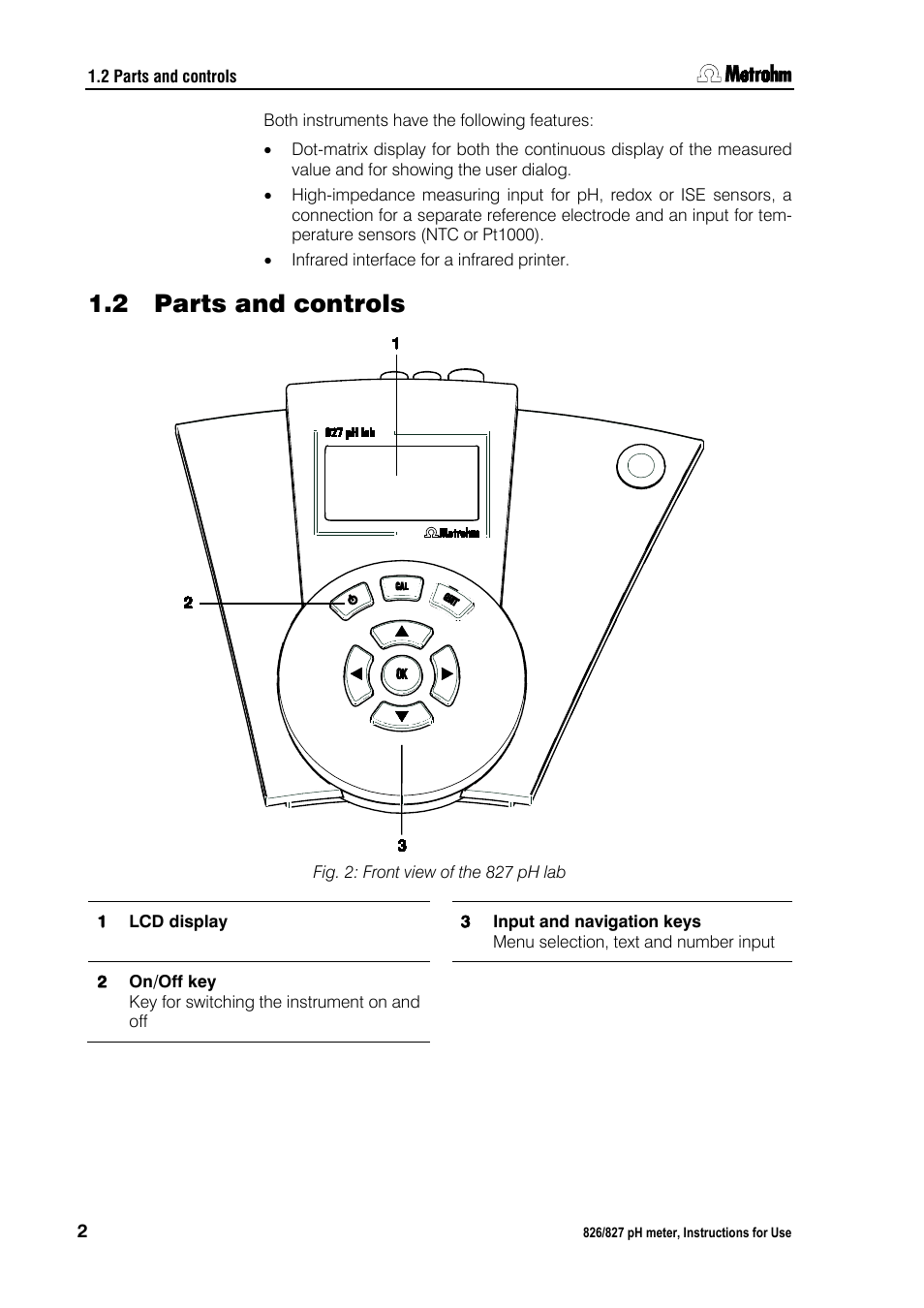 2 parts and controls, Parts and controls, Fig. 2: front view of the 827 ph lab | Metrohm 827 pH lab User Manual | Page 10 / 82