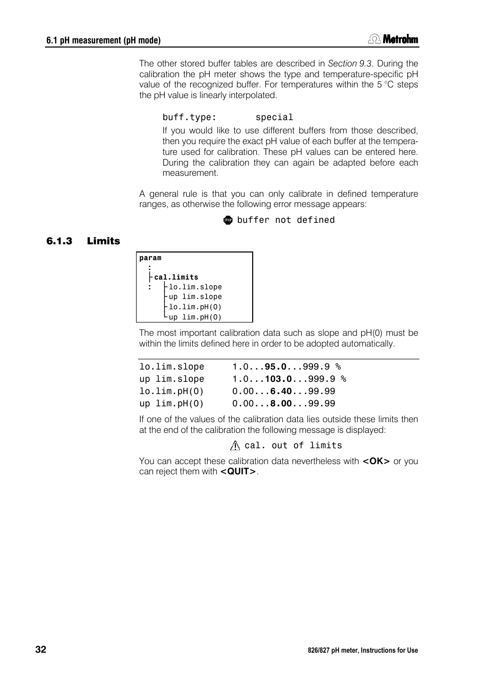 3 limits, Limits | Metrohm 827 pH lab User Manual | Page 40 / 82