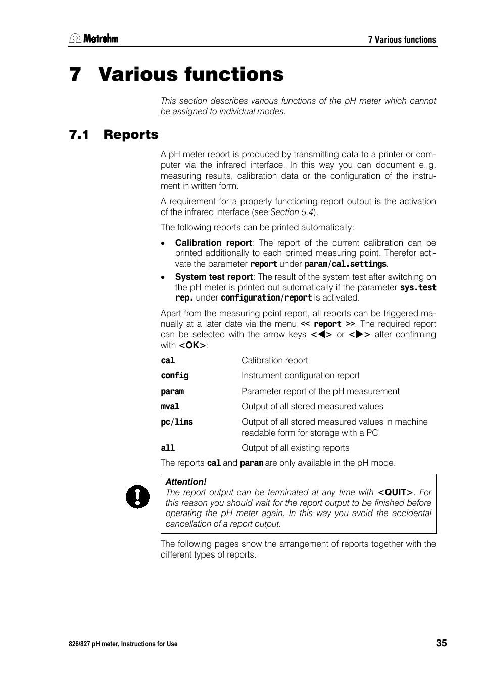 7 various functions, 1 reports, Various functions | Reports, 7various functions | Metrohm 827 pH lab User Manual | Page 43 / 82