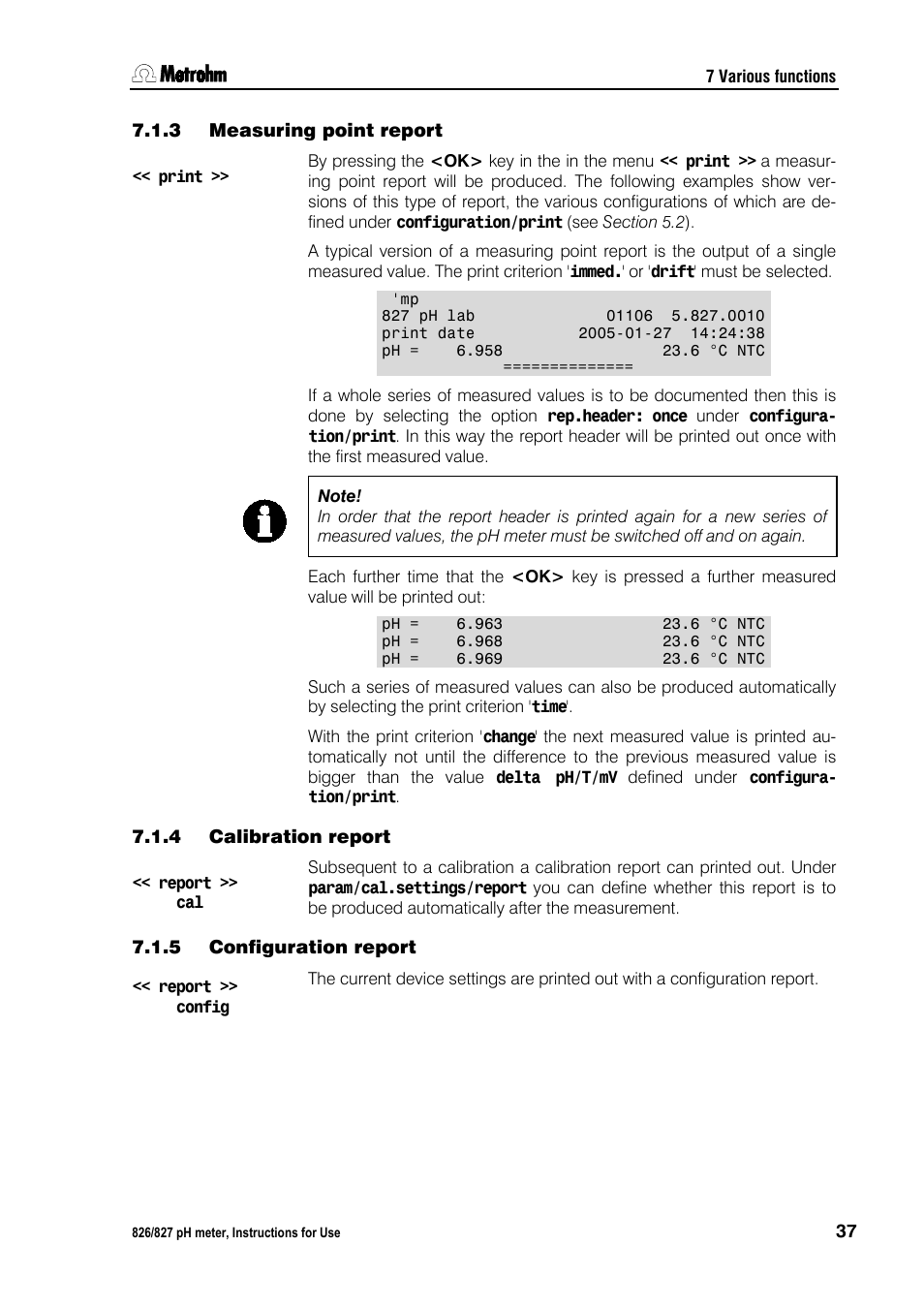 3 measuring point report, 4 calibration report, 5 configuration report | Measuring point report, Calibration report, Configuration report | Metrohm 827 pH lab User Manual | Page 45 / 82