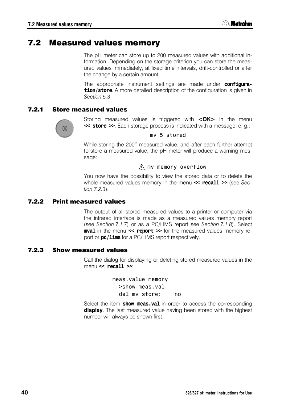 2 measured values memory, 1 store measured values, 2 print measured values | 3 show measured values, Measured values memory, Store measured values, Print measured values, Show measured values | Metrohm 827 pH lab User Manual | Page 48 / 82