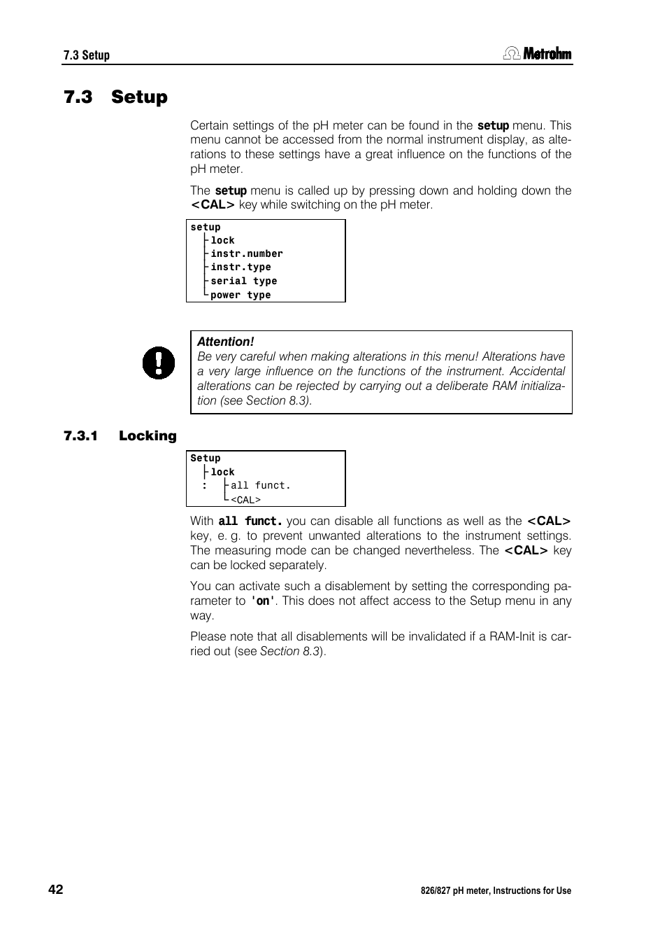3 setup, 1 locking, Setup | Locking | Metrohm 827 pH lab User Manual | Page 50 / 82