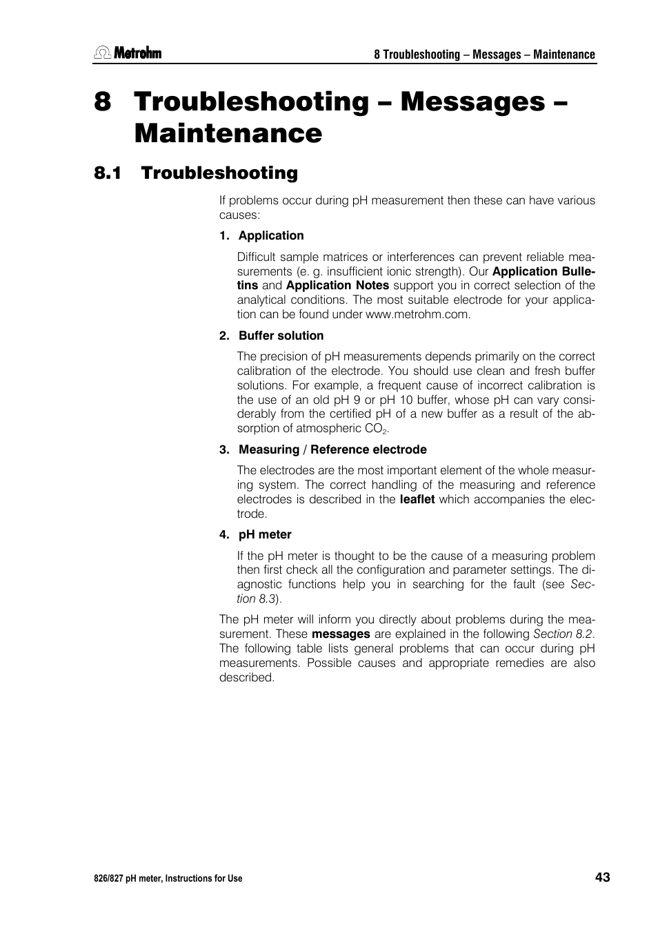8 troubleshooting – messages – maintenance, 1 troubleshooting, Troubleshooting – messages – maintenance | Troubleshooting, 8troubleshooting – messages – maintenance | Metrohm 827 pH lab User Manual | Page 51 / 82