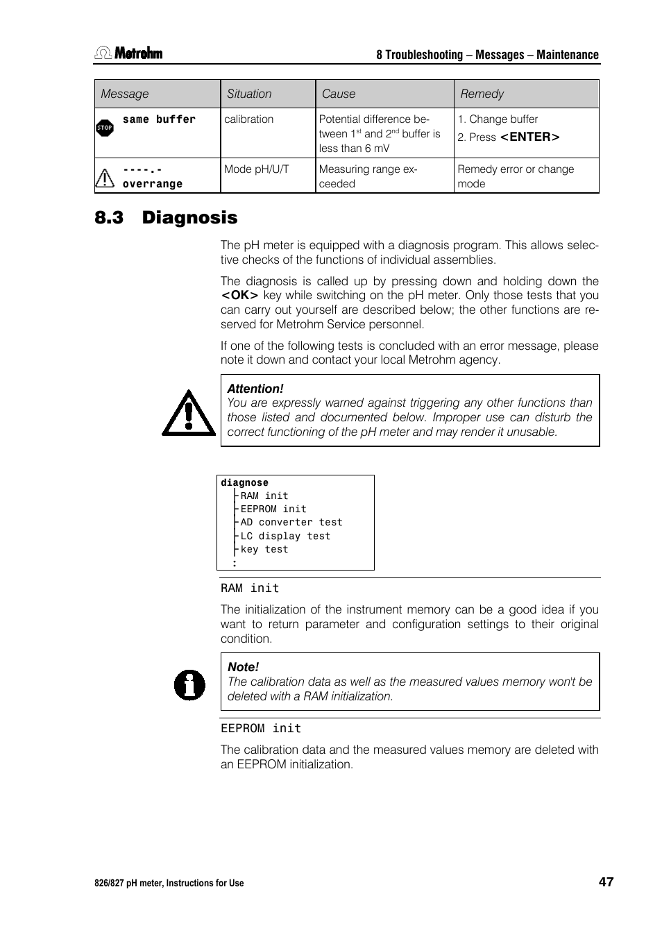 3 diagnosis, Diagnosis | Metrohm 827 pH lab User Manual | Page 55 / 82