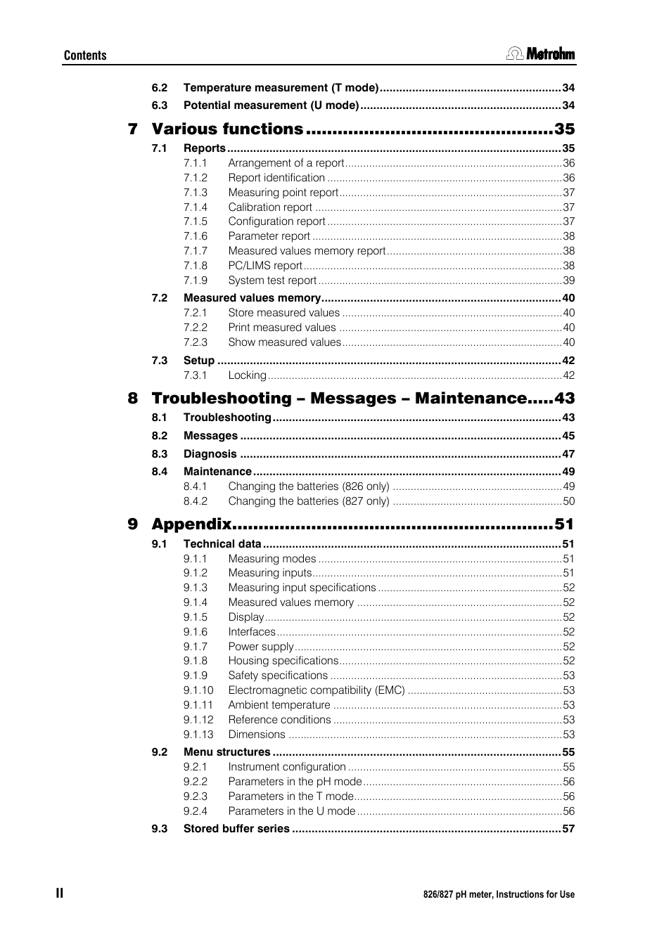 Various functions, Troubleshooting – messages – maintenance, Appendix | Metrohm 827 pH lab User Manual | Page 6 / 82