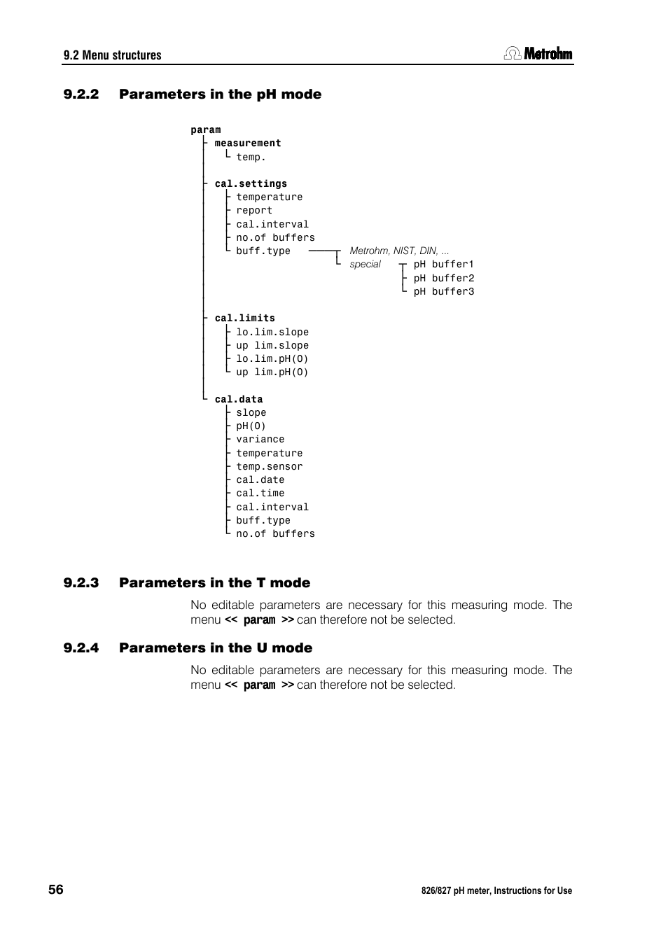 2 parameters in the ph mode, 3 parameters in the t mode, 4 parameters in the u mode | Parameters in the ph mode, Parameters in the t mode, Parameters in the u mode | Metrohm 827 pH lab User Manual | Page 64 / 82