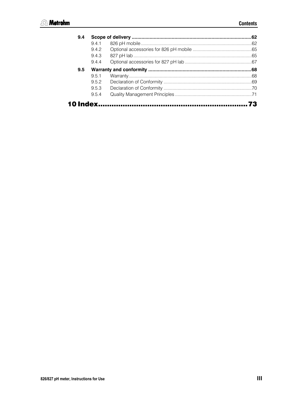 Index | Metrohm 827 pH lab User Manual | Page 7 / 82