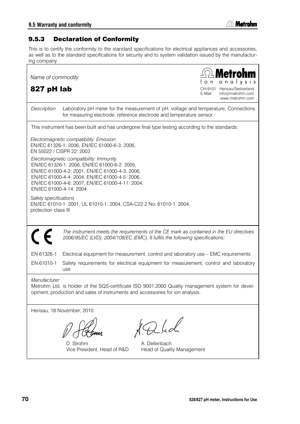 3 declaration of conformity, Declaration of conformity, 827 ph lab | Metrohm 827 pH lab User Manual | Page 78 / 82