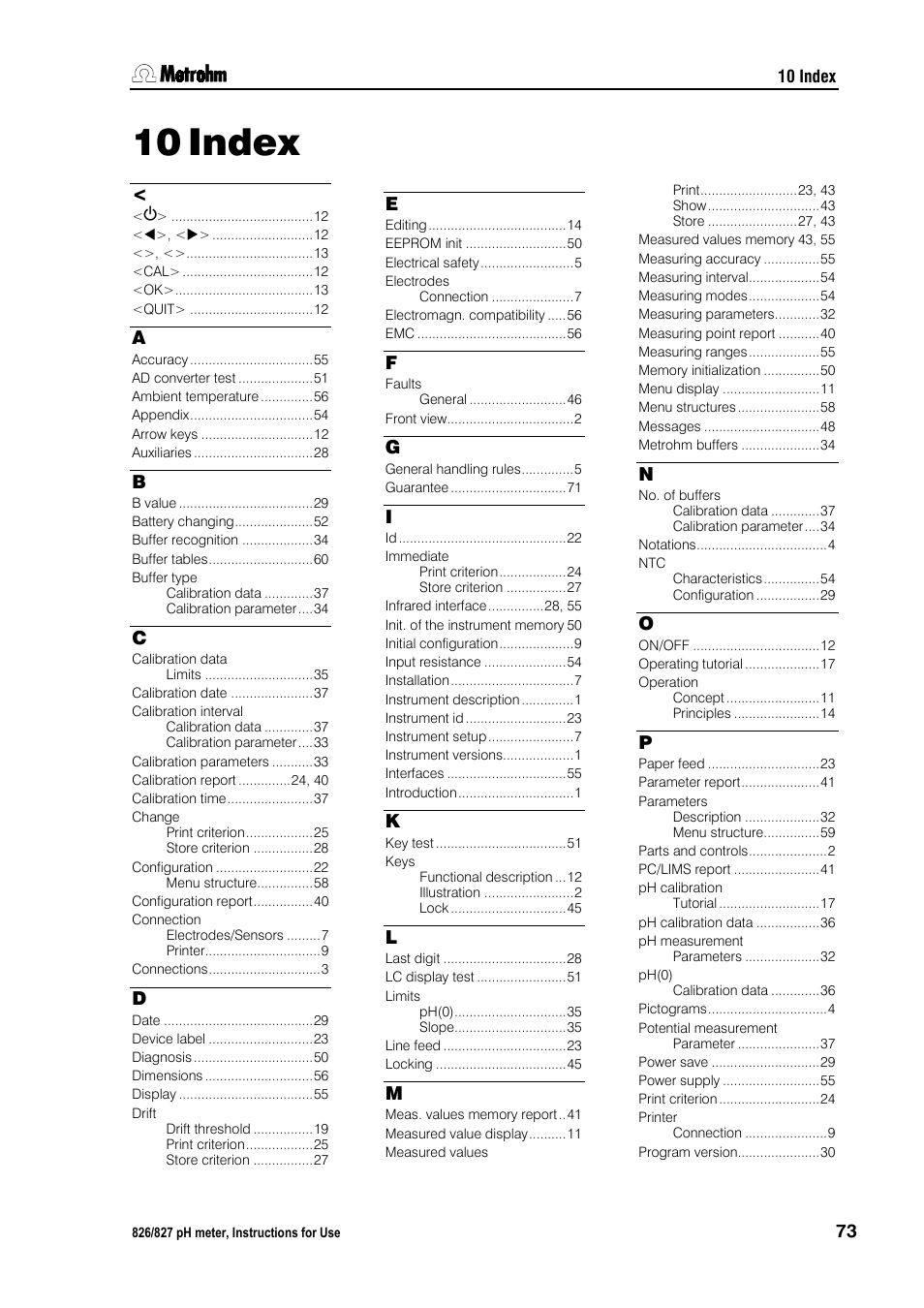 10 index, Index | Metrohm 827 pH lab User Manual | Page 81 / 82