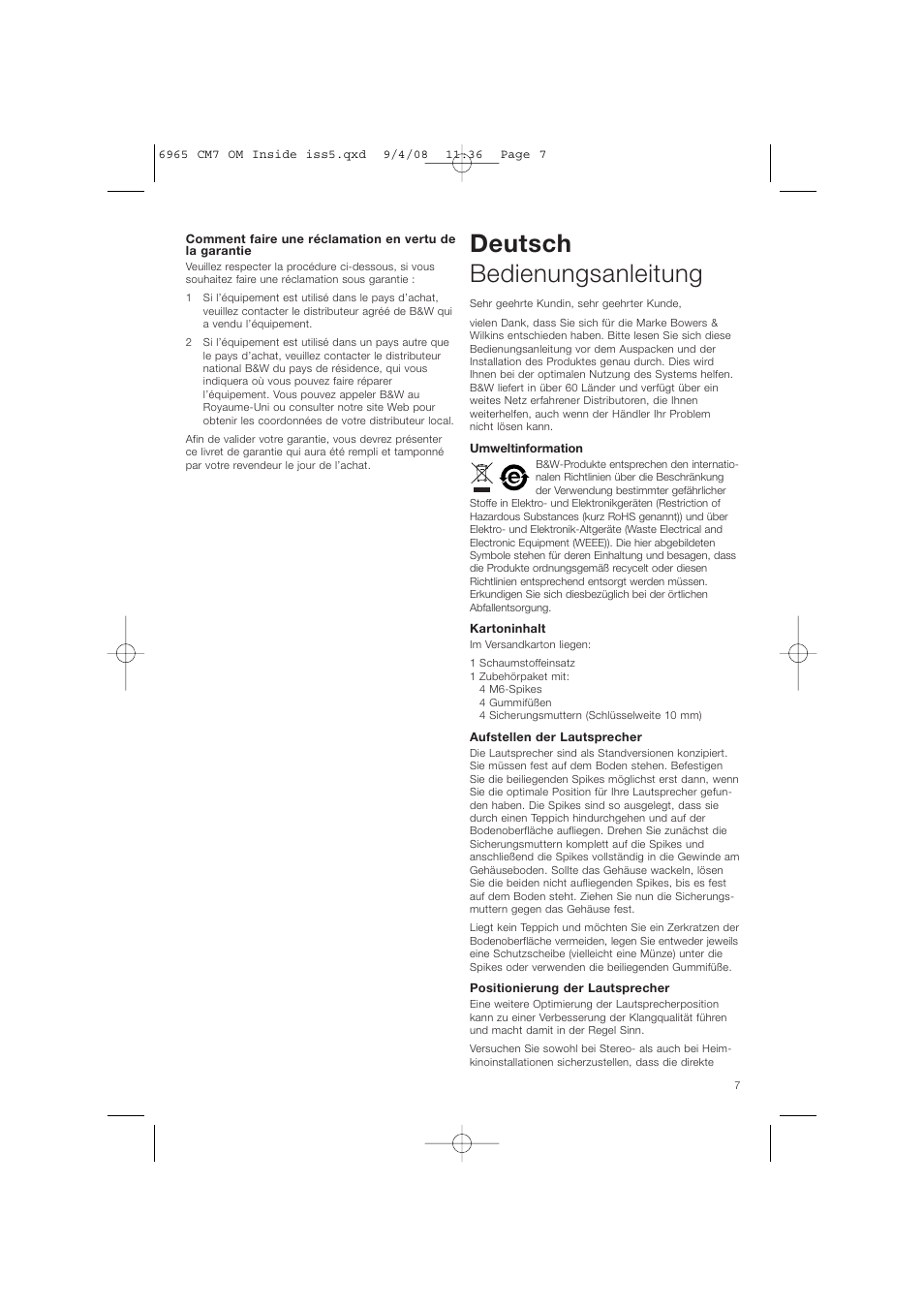 Deutsch bedienungsanleitung | Bowers & Wilkins CM9 User Manual | Page 10 / 45