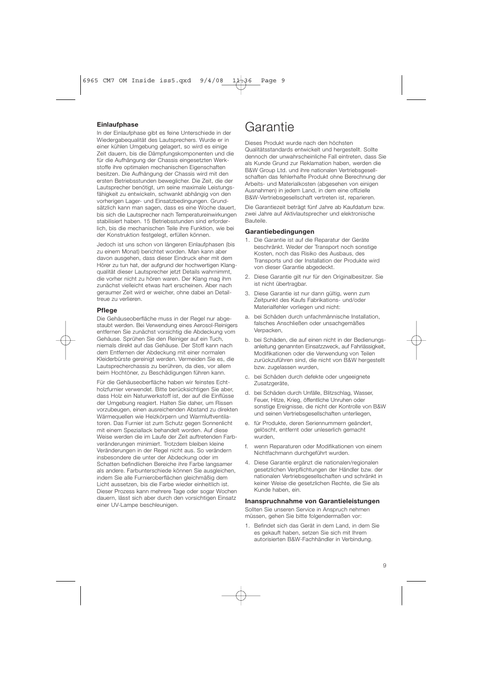 Garantie | Bowers & Wilkins CM9 User Manual | Page 12 / 45