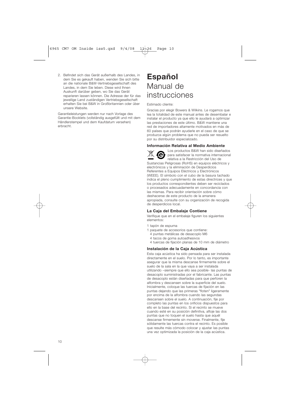 Español manual de instrucciones | Bowers & Wilkins CM9 User Manual | Page 13 / 45