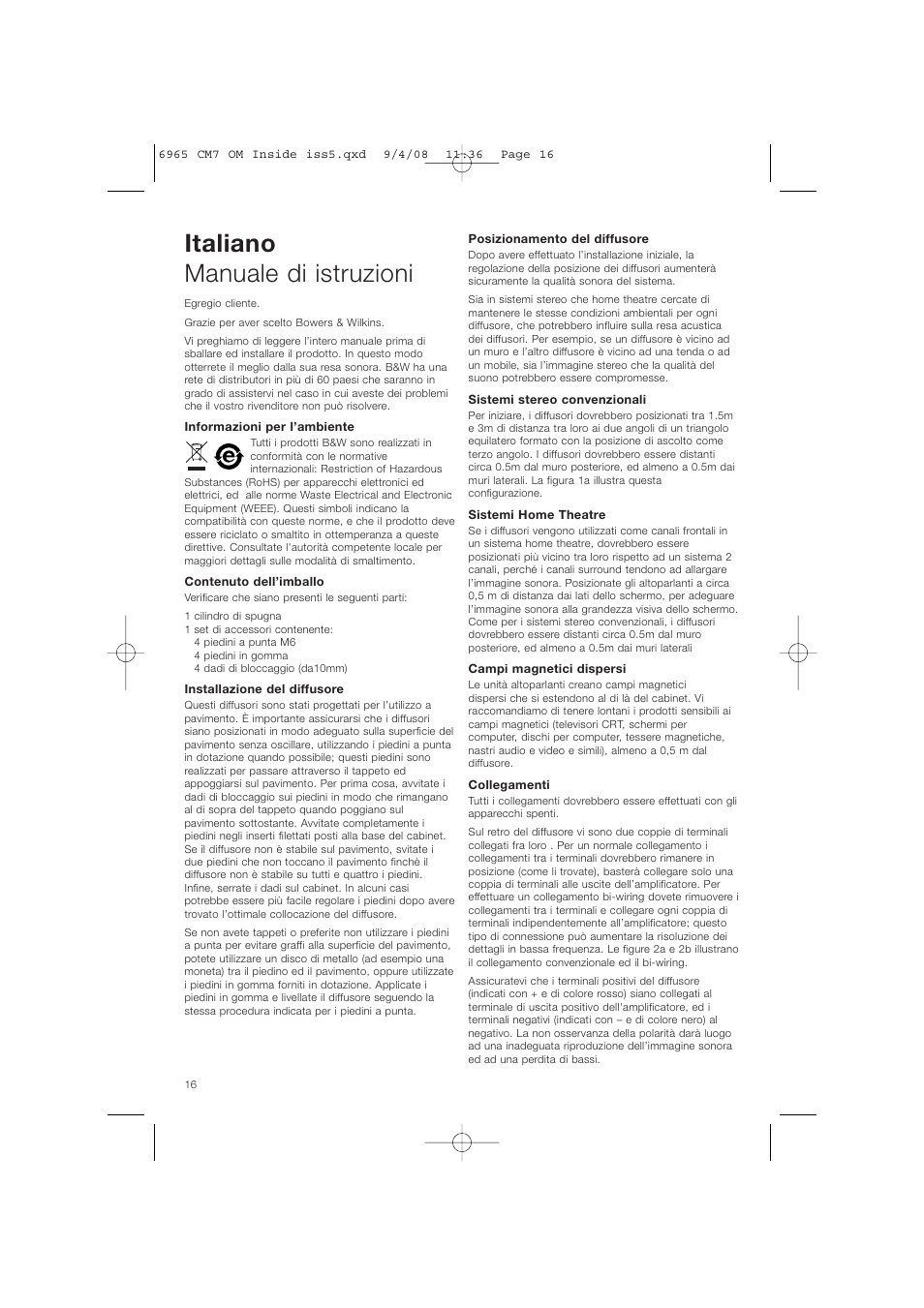 Italiano manuale di istruzioni | Bowers & Wilkins CM9 User Manual | Page 19 / 45