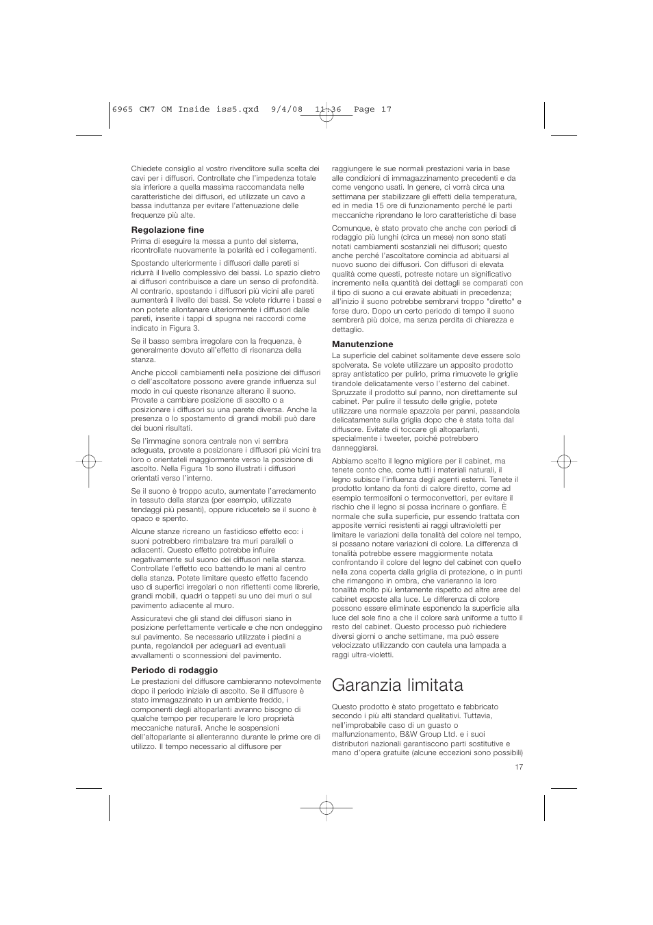 Garanzia limitata | Bowers & Wilkins CM9 User Manual | Page 20 / 45