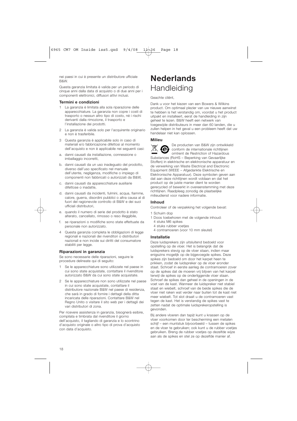 Nederlands handleiding | Bowers & Wilkins CM9 User Manual | Page 21 / 45