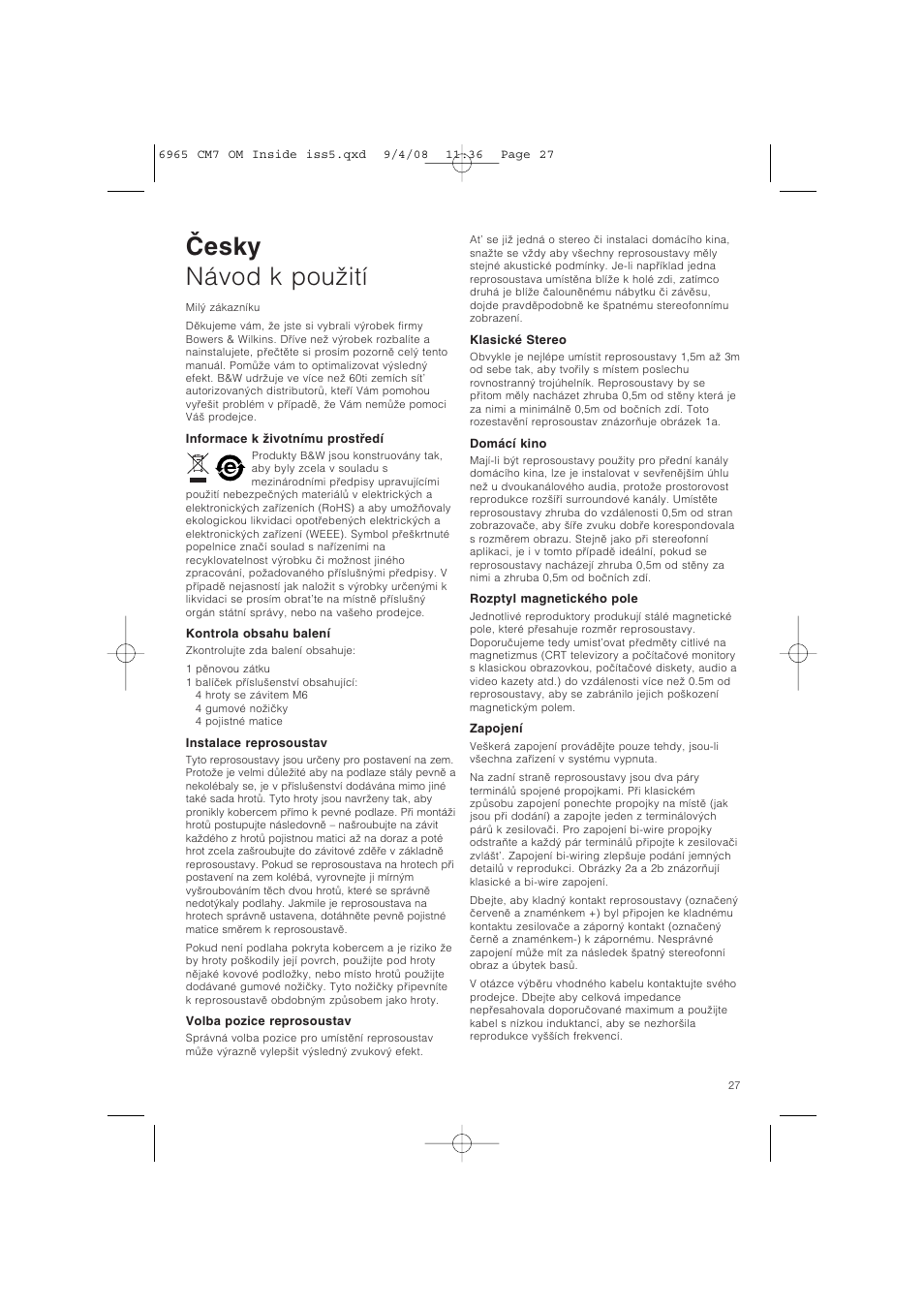Esky návod k pouãití | Bowers & Wilkins CM9 User Manual | Page 30 / 45