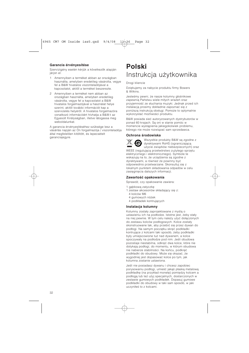 Polski instrukcja uãytkownika | Bowers & Wilkins CM9 User Manual | Page 35 / 45