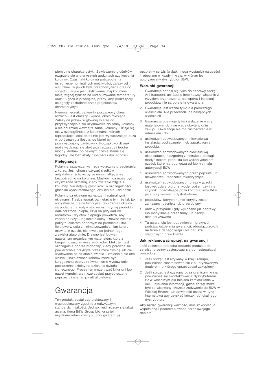 Gwarancja | Bowers & Wilkins CM9 User Manual | Page 37 / 45