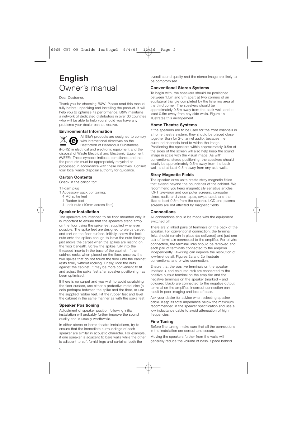 English owner’s manual | Bowers & Wilkins CM9 User Manual | Page 5 / 45