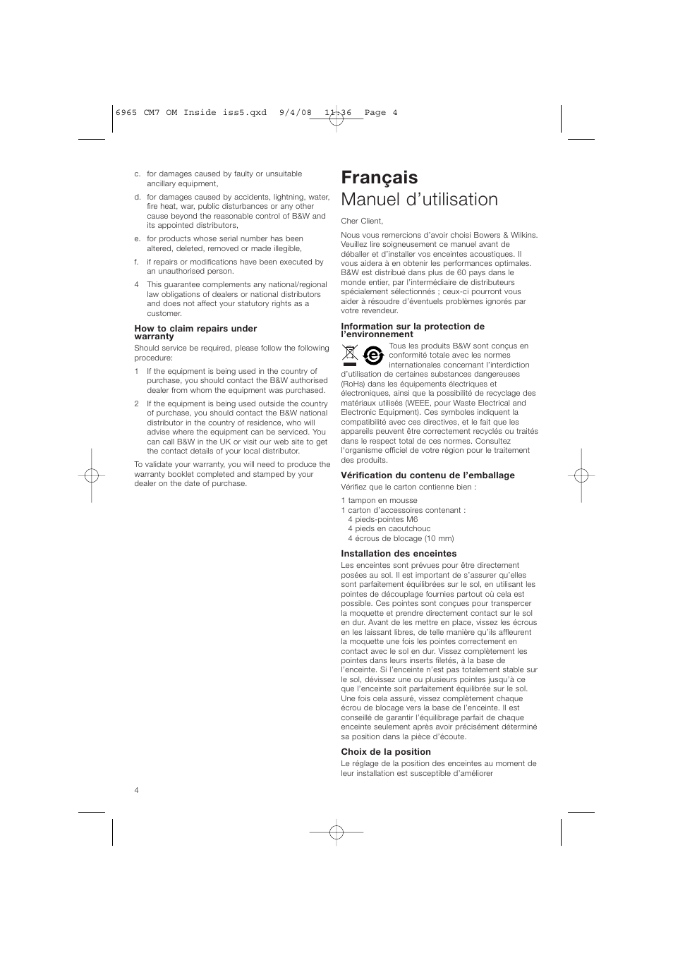 Français manuel d’utilisation | Bowers & Wilkins CM9 User Manual | Page 7 / 45