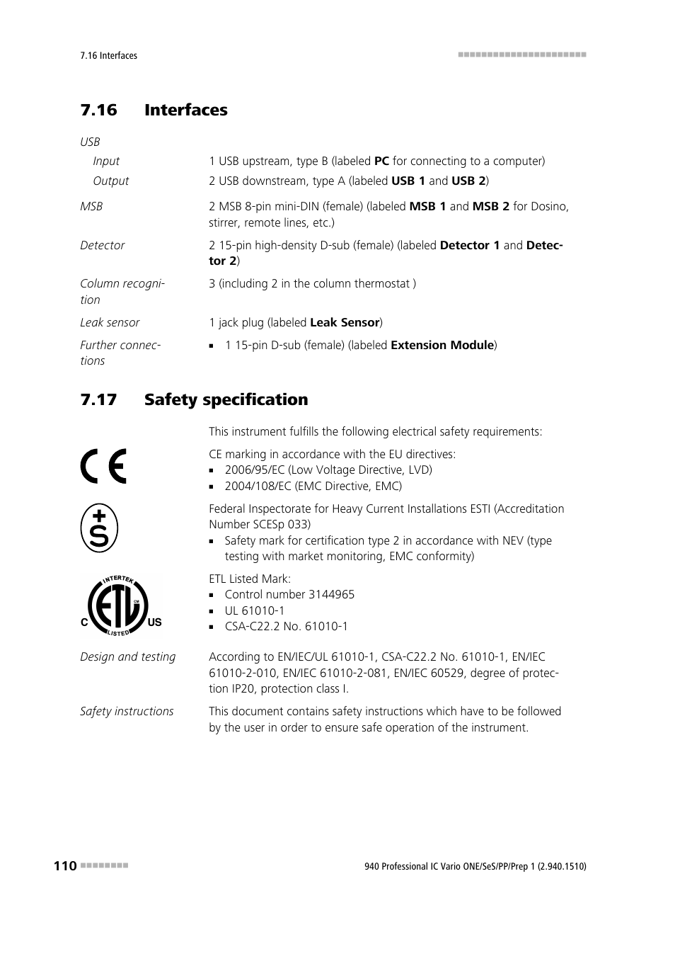 16 interfaces, 17 safety specification | Metrohm 940 Professional IC Vario ONE/SeS/PP/Prep 1 User Manual | Page 120 / 127