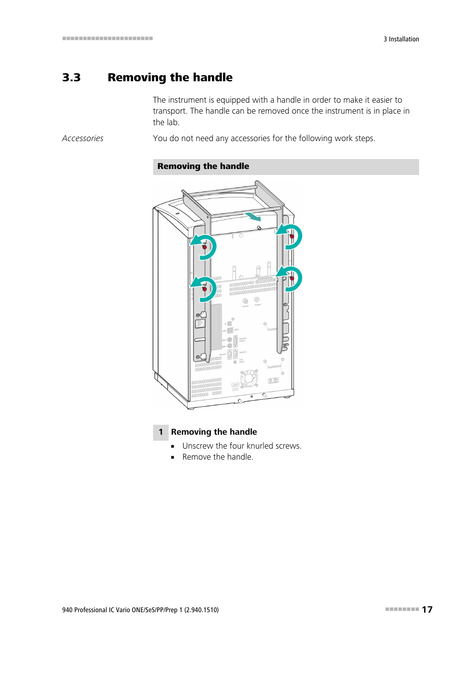 3 removing the handle, Removing the handle | Metrohm 940 Professional IC Vario ONE/SeS/PP/Prep 1 User Manual | Page 27 / 127