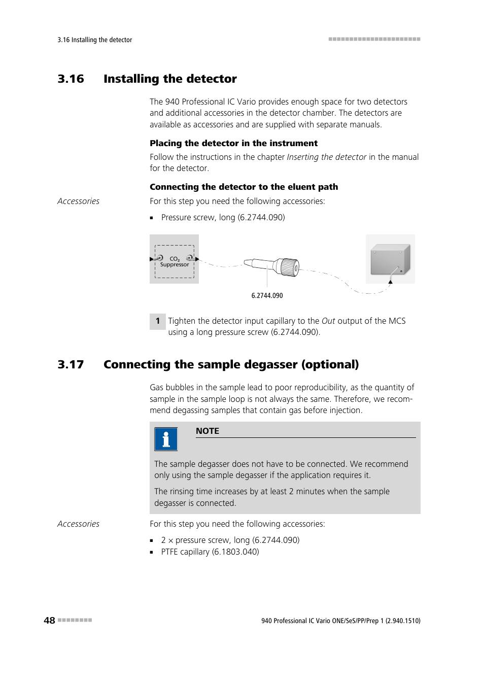 16 installing the detector, 17 connecting the sample degasser (optional) | Metrohm 940 Professional IC Vario ONE/SeS/PP/Prep 1 User Manual | Page 58 / 127